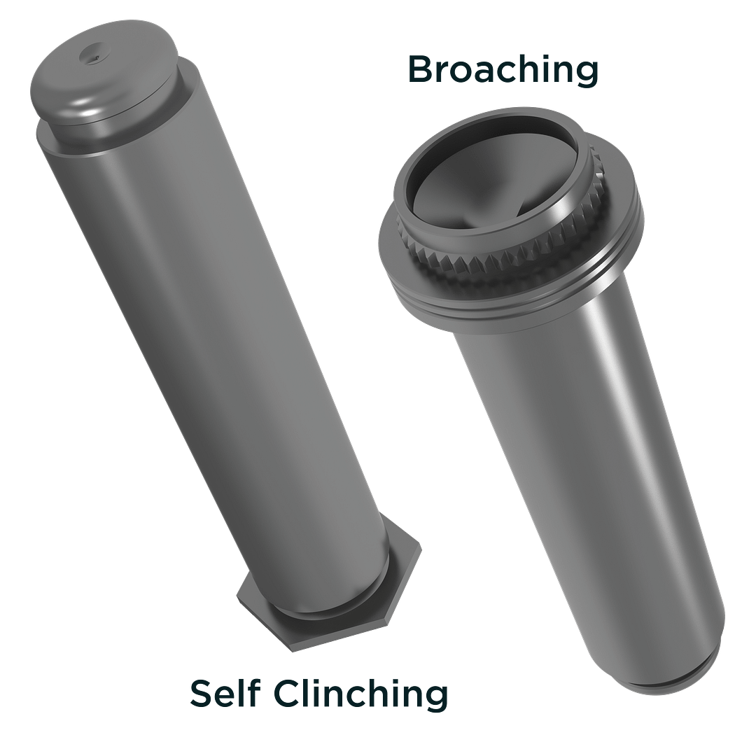 Self-clinching and broaching pins for electrical connections