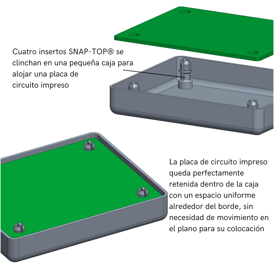 Cuatro-insertos-SNAP-TOP®-se-clinchan-en-una-pequena-caja-para-alojar-una-placa-de-circuito-impreso